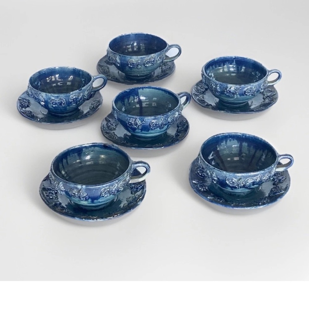 Vintage 50s‎ Mexican Artisan Blue Drip Glaze Ceramics Cups Saucers Sets 6
